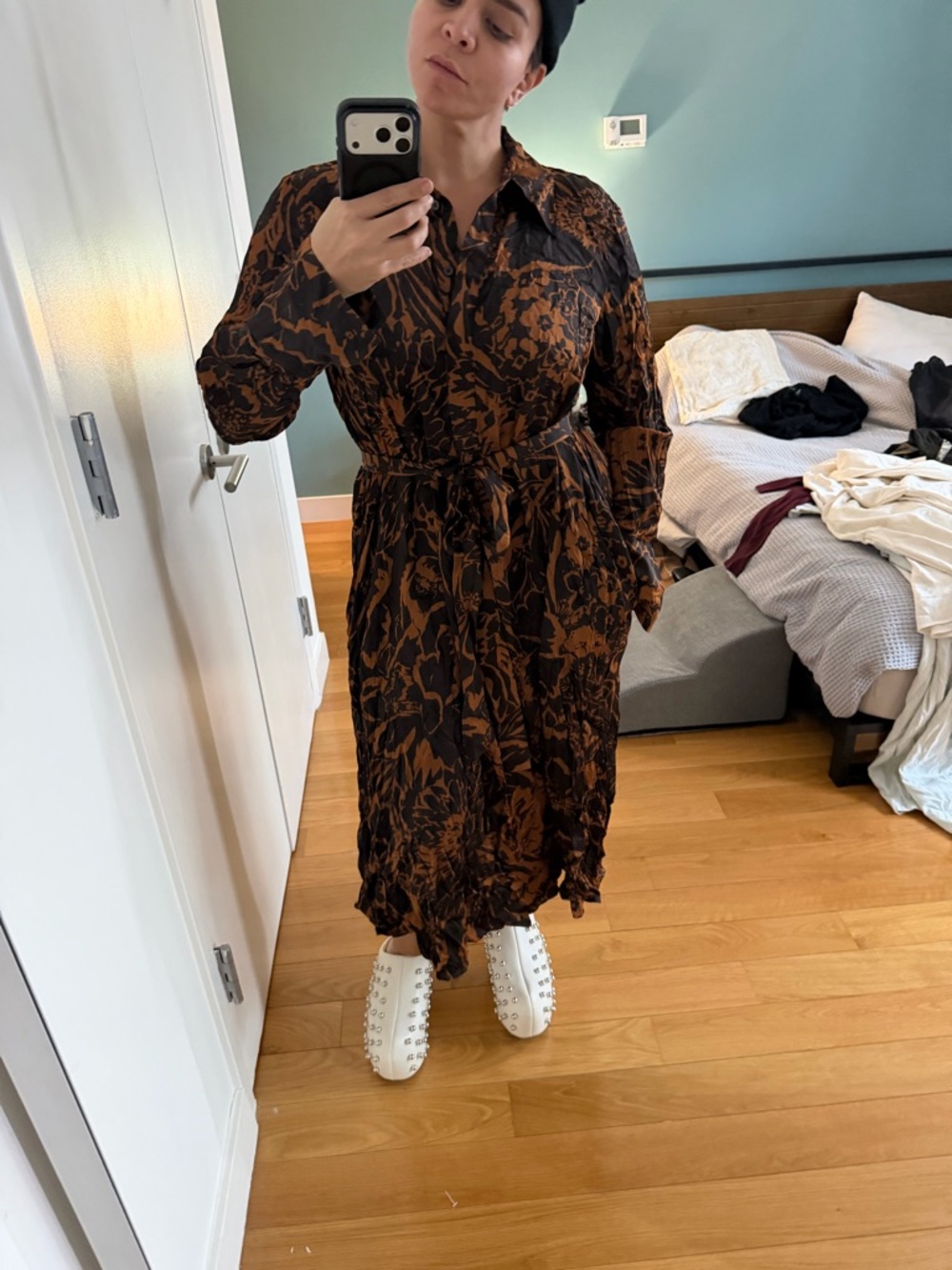 COS Brown and Black Long-Sleeve Floral Shirt Dress